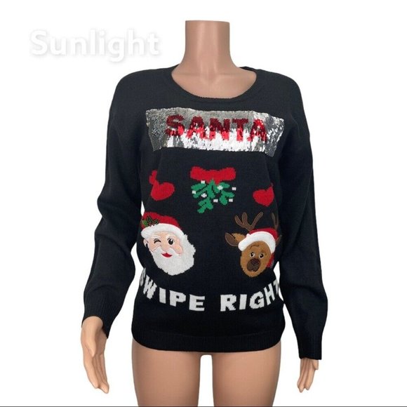 Merry&Bright Sequined Swipe Right Signed Christmas Sweater SZ M Rudolph - Santa - Picture 1 of 12